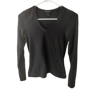 The Limited Solid Black V Neck Fitted Long Sleeve Shirt - Small